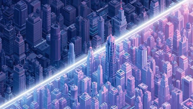 Cutting Neon Beam Bisecting Futuristic Isometric Metropolis at Night with Skyscrapers