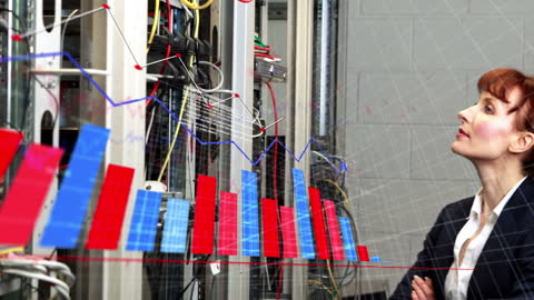 Businesswoman Analyzing Data Trends in Server Room