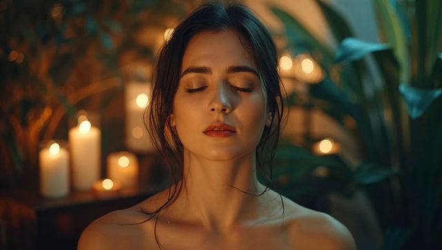 Tranquil Woman Meditating in Candlelit Spa Environment