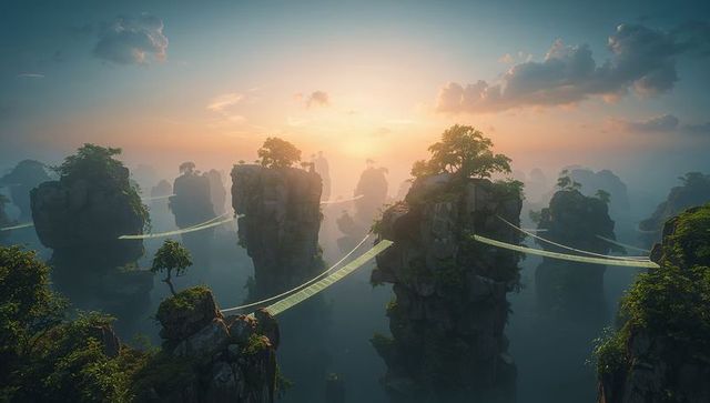 Sunlit glass skybridges connecting misty karst pillars at golden sunrise