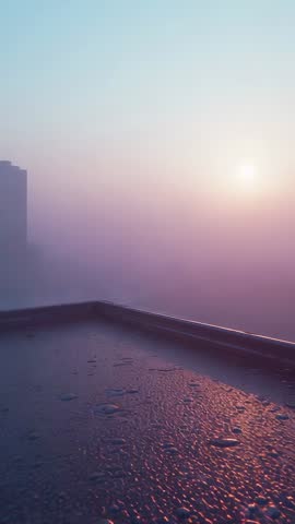 Rooftop parapet reflecting rising sun through fog, puddles glistening at dawn — vertical video