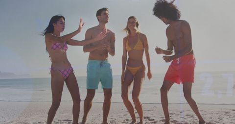 Friends Enjoying Beach with Data Graphics Overlay