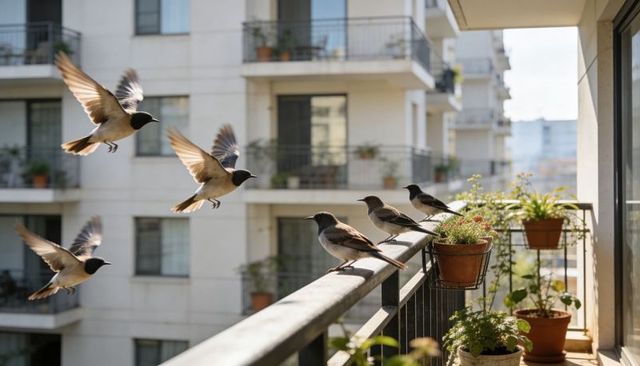 Sunlit balcony flock of dark-headed songbirds perching and fluttering among potted plants