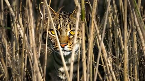 Small wild cat stalking through reeds, peering with intense yellow eyes in sunlit marsh