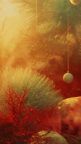 Vertical video panning through sunlit pine with swaying ornament and red shrub
