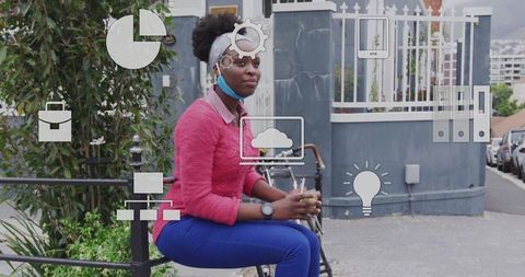 Urban life and technology concept with masked woman