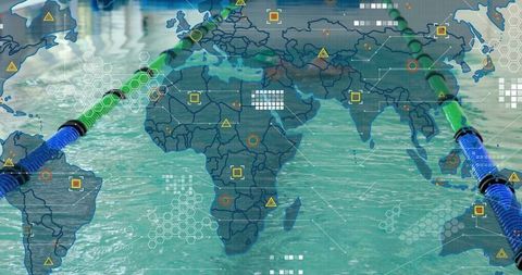 Global aquatic data visualization overlaying world map on turquoise pool with lane ropes