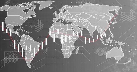 Global financial dashboard showing world map with candlestick bars and red trend line