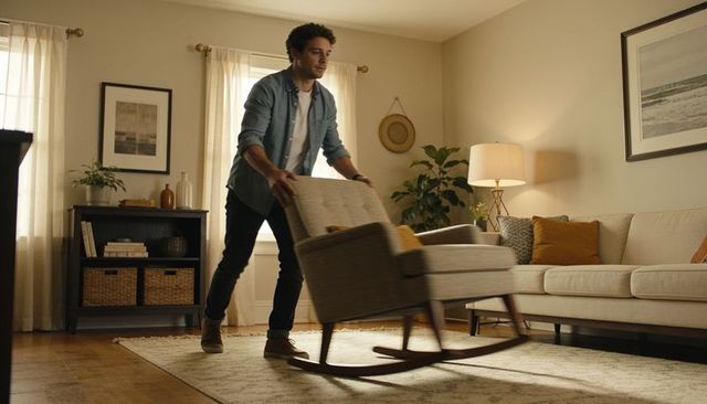 Man moving upholstered rocking chair across sunlit midcentury living room in neutral tones