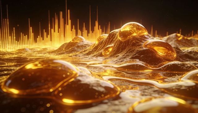Flowing molten gold landscape with reflective droplets and neon equalizer lightscape