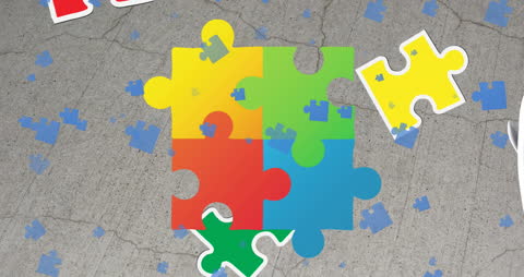 Falling Colorful Puzzle Pieces on Gray Background for Autism Awareness