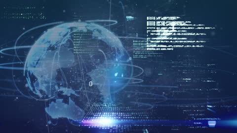 Digital Globe Animation and Data Streams on Blue Background
