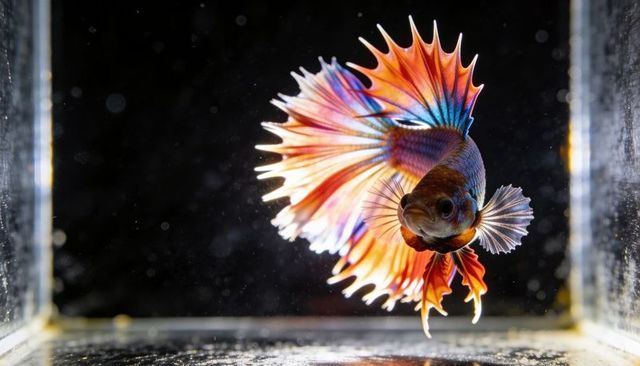 Vibrant siamese fighting betta showing rainbow crowntail fins swimming in glass tank