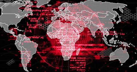 Digital world map with red network interfaces and technology themes