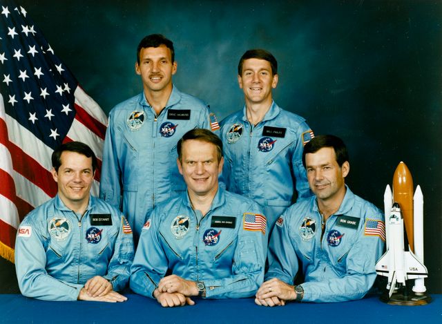 The crew assigned to the STS-51J mission included (seated left to right) Robert L. Stewart, mission specialist; Karol J. Bobko, commander; and Ronald J. Grabe, pilot. On the back row, left to right, are mission specialists David C. Hilmers, and Major Willliam A, Pailles (USAF). Launched aboard the Space Shuttle Atlantis on October 3, 1985 at 11:15:30 am (EDT), the STS-51J mission was the second mission dedicated to the Department of Defense (DOD). 