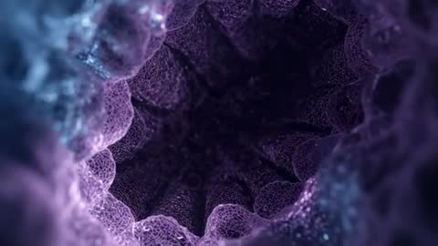 Pushing Camera Through Purple Lattice Tunnel Revealing Glowing Particle Core