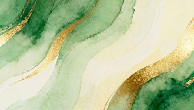 Emerald and cream watercolor waves with gold foil accents abstract marble background