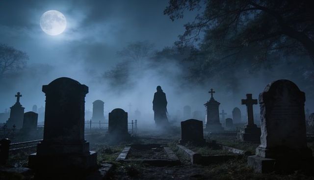 Looming cloaked figure wandering moonlit cemetery under full moon and creeping fog at night