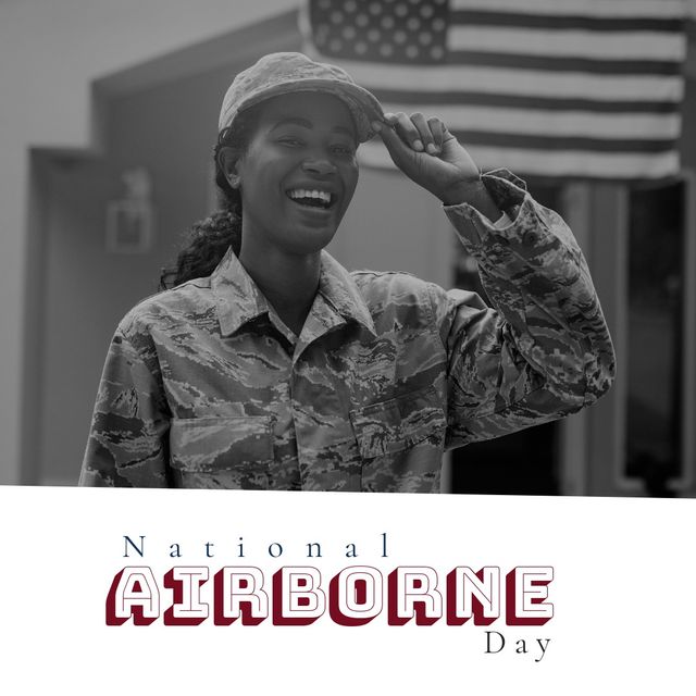 This image captures a joyful African American female soldier in uniform celebrating National Airborne Day. Perfect for patriotic events, military appreciation campaigns, and advertisements that honor and support military personnel, representation, and diversity in the armed forces.