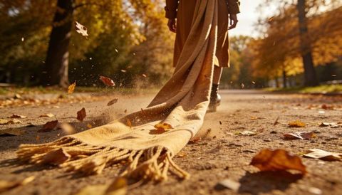 Elegant woman walking with long trailing scarf kicking leaves on sunlit autumn park path