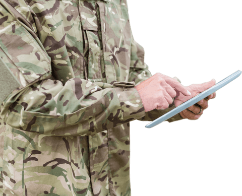 Soldier in Camouflage Using Tablet on Transparent Background