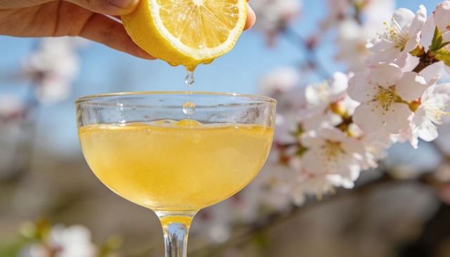 Squeezing lemon over cocktail coupe with spring blossom background, fresh citrus drink