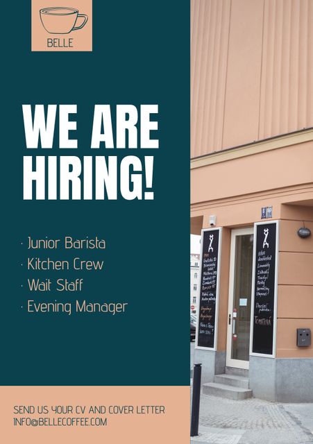 Graphic highlighting job opportunities at a coffee shop in an urban environment. List offers positions such as Junior Barista, Kitchen Crew, Wait Staff, and Evening Manager. Useful for cafes, restaurants, food and beverage industry employers focusing on recruitment campaigns.