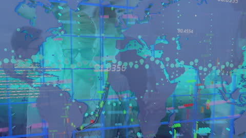 Digital World Map Overlay on Confident Team Discussing Financial Growth