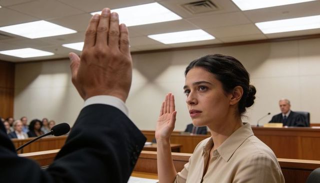 Woman taking oath in courtroom witness box raising right hand during trial testimony