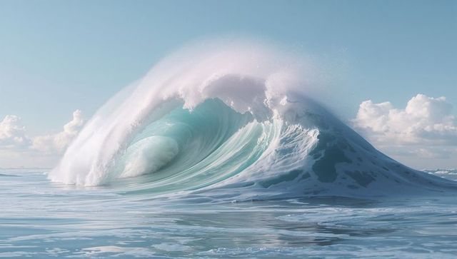 Turquoise ocean wave curling into perfect barrel with white foam, spray and sunlit mist