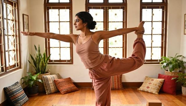 Indian woman practicing dancer pose in sunlit home yoga studio for balance and mindfulness