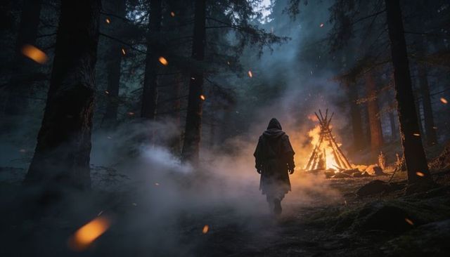 Hooded figure walking toward bonfire in misty pine forest at night