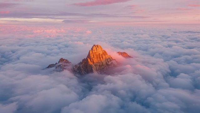 Golden hour mountain peak emerging through clouds at sunrise