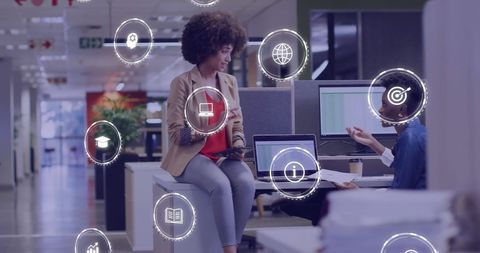 Digital Interface Overlay in Diverse Modern Office Environment