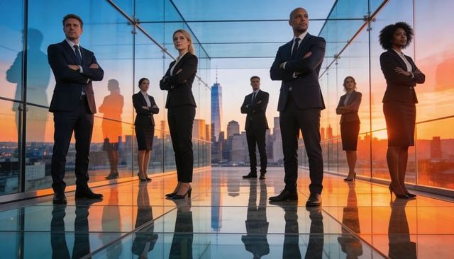 Executive team standing confidently on glass rooftop terrace at sunset city skyline