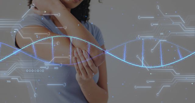 Woman holding arm with visible discomfort surrounded by digital DNA strand and circuit elements. Suitable for use in healthcare, innovation, genetics, and scientific research contexts, highlighting the intersection of technology and medical advancements.