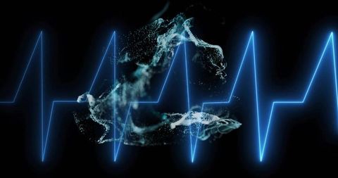 Pulsing Neon-Blue ECG Waveform Through Dark Digital Void with Cyan Particle Cloud