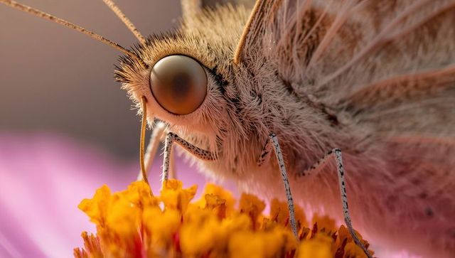 Butterfly feeding on yellow-orange disk florets with pollen, macro close-up