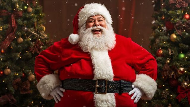 Festive Santa Claus with Decorated Christmas Trees and Snowfall