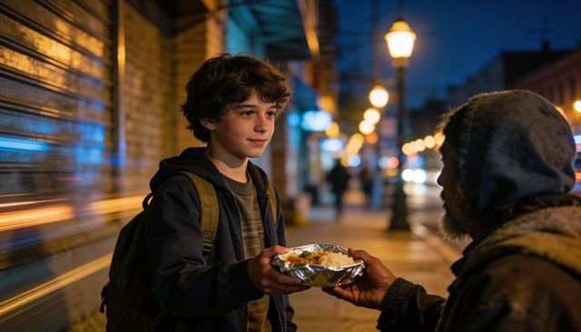 Teen offering takeout meal to homeless man on urban sidewalk at night with warm streetlights