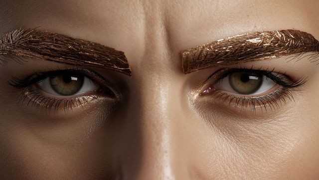 Closeup female gaze with gold-foil brows, hazel eyes, lashes and metallic makeup portrait
