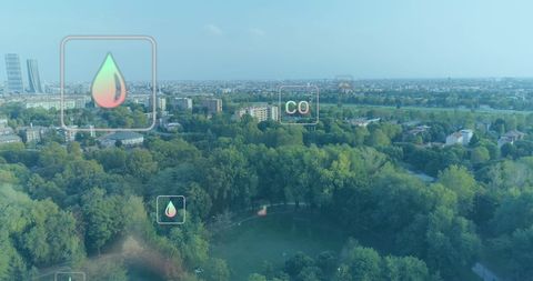 Futuristic Digital Icons Overlay on Urban Parkscape