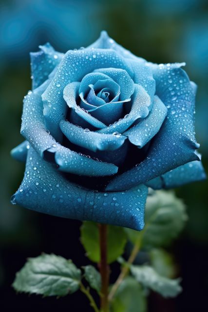 A blue rose adorned with dewdrops stands out against a blurred background. Symbolizing the unattainable or the mysterious, the blue rose captures a sense of wonder and rarity.