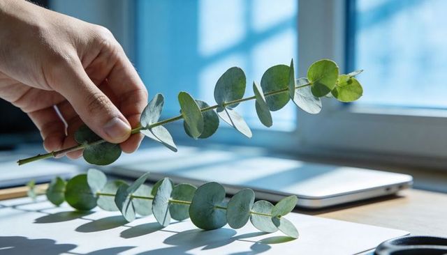 Hand arranging eucalyptus stems on sunlit workspace with laptop and serene natural light