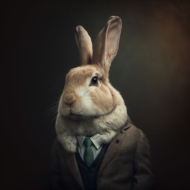Hare with suit and green tie on dark background, created using generative ai technology. Nature and style concept, digitally generated image.
