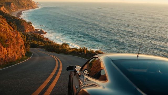Sport coupe cruising coastal highway at golden sunset above ocean cliffs and winding road