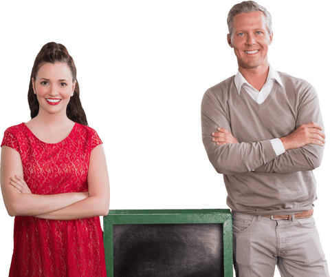 Confident Man and Woman Standing with Blank Chalkboard on Transparent Background