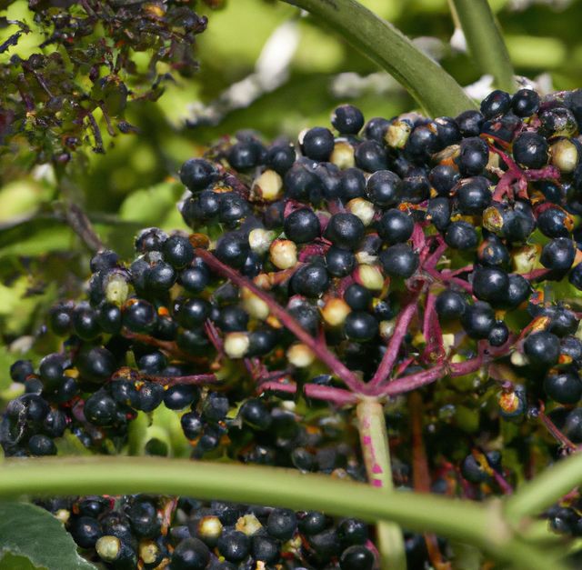Image of close up of fresh black elderberries growing on tree. Plants, colour and nature concept.