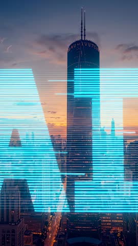 Neon-Blue Scan Bars Forming AI Over City Dusk Skyline Vertical Futuristic Tech Video