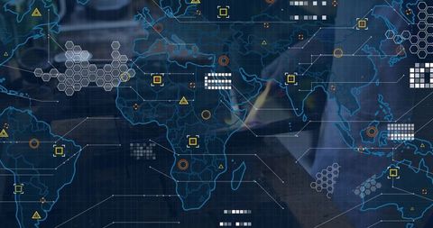 Digital World Map Displaying Holographic Data Dashboard with Hex Clusters and Alert Markers
